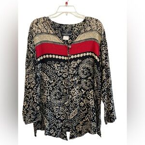 Carole Little Vintage 90s Black Floral Boho Blouse Red Contrast Size L Teacher